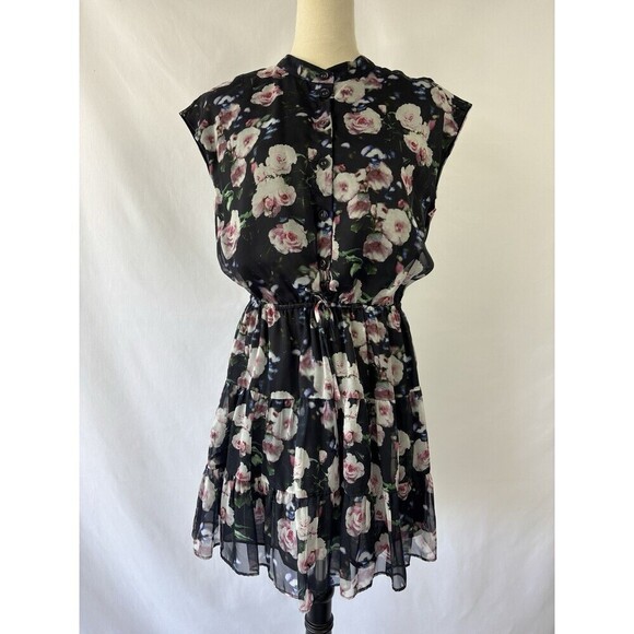 Rebecca Minkoff Shirt Dress Black Floral Medium Mini Sleeveless Drawstring Waist - Picture 1 of 12